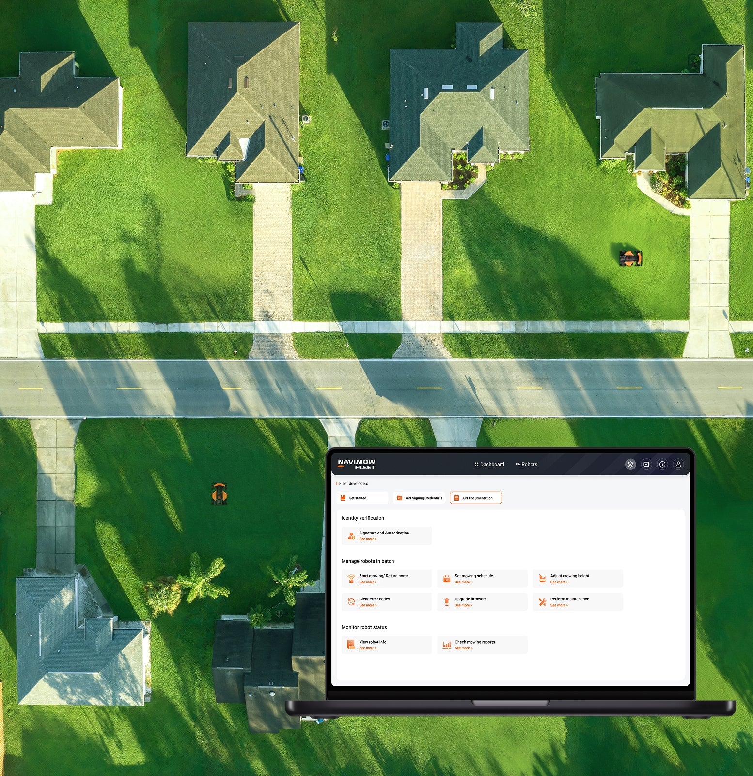 Navimow Fleet robot lawn mower dashboard manages several neighborhood lawns.