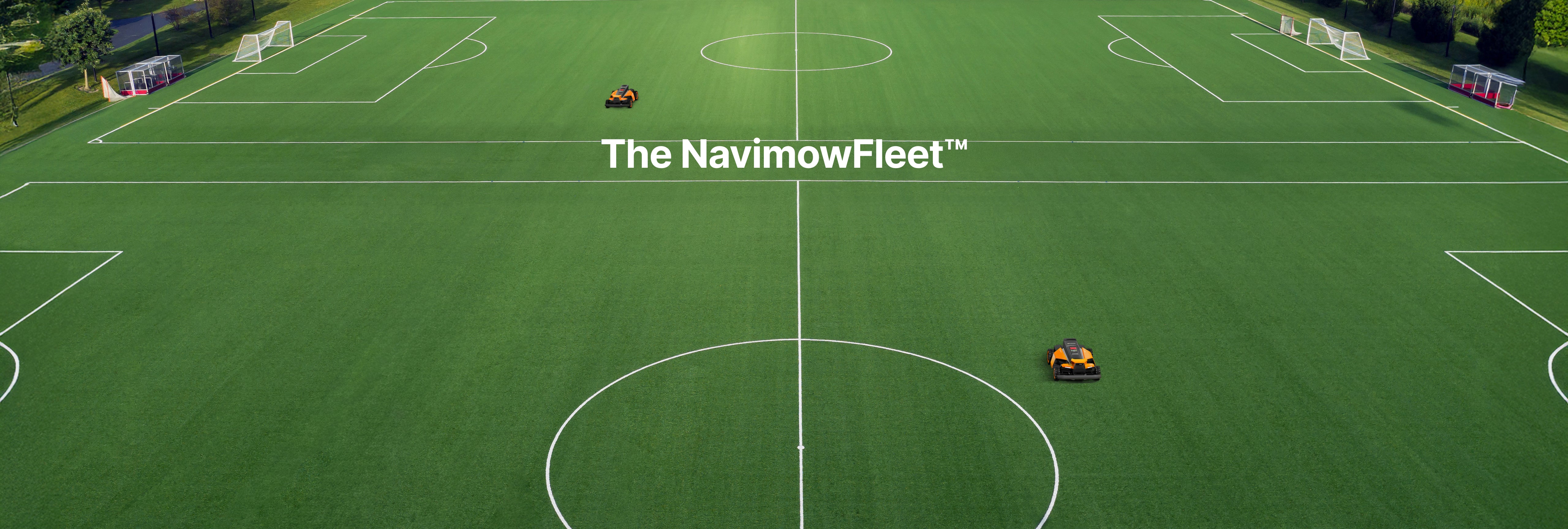 Navimow Fleet robot lawn mower mowing a large soccer field.