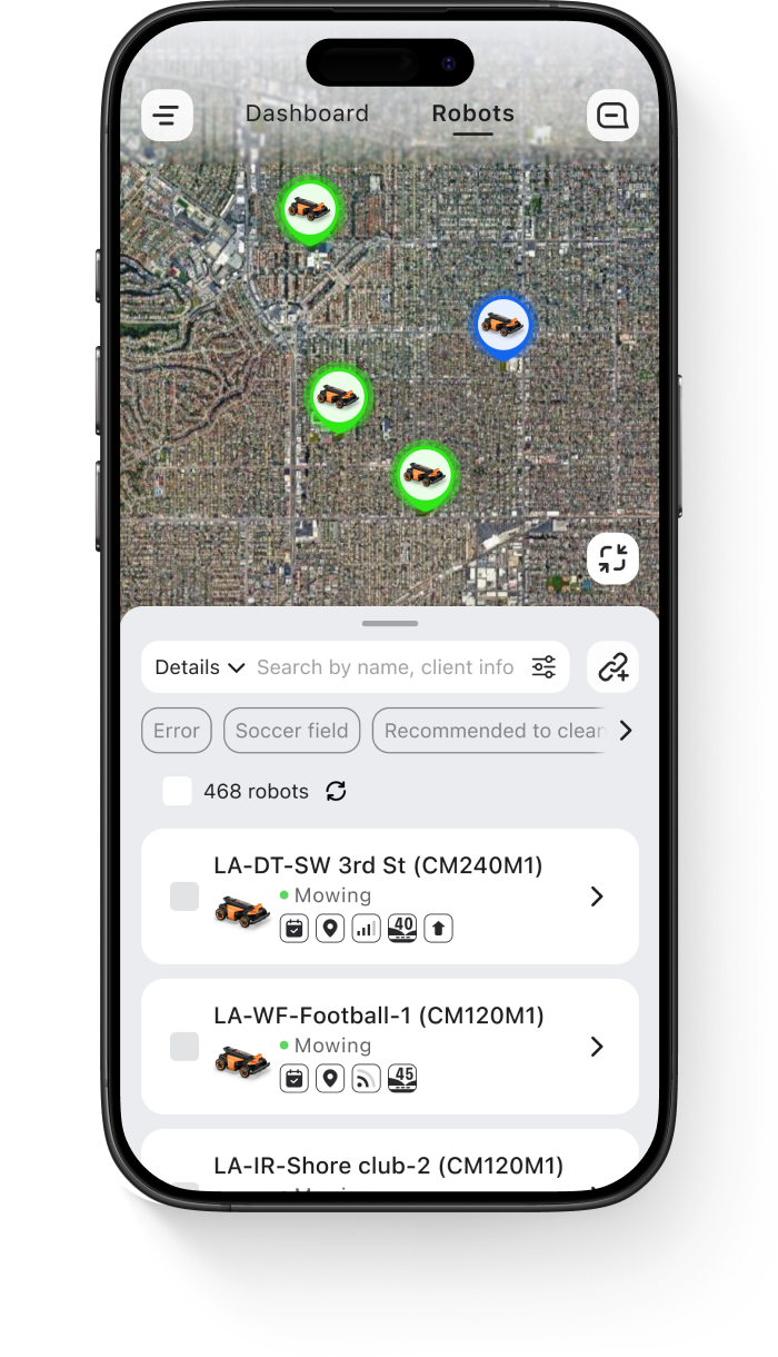 Navimow CM240M1 robot lawn mower app shown on a smartphone.