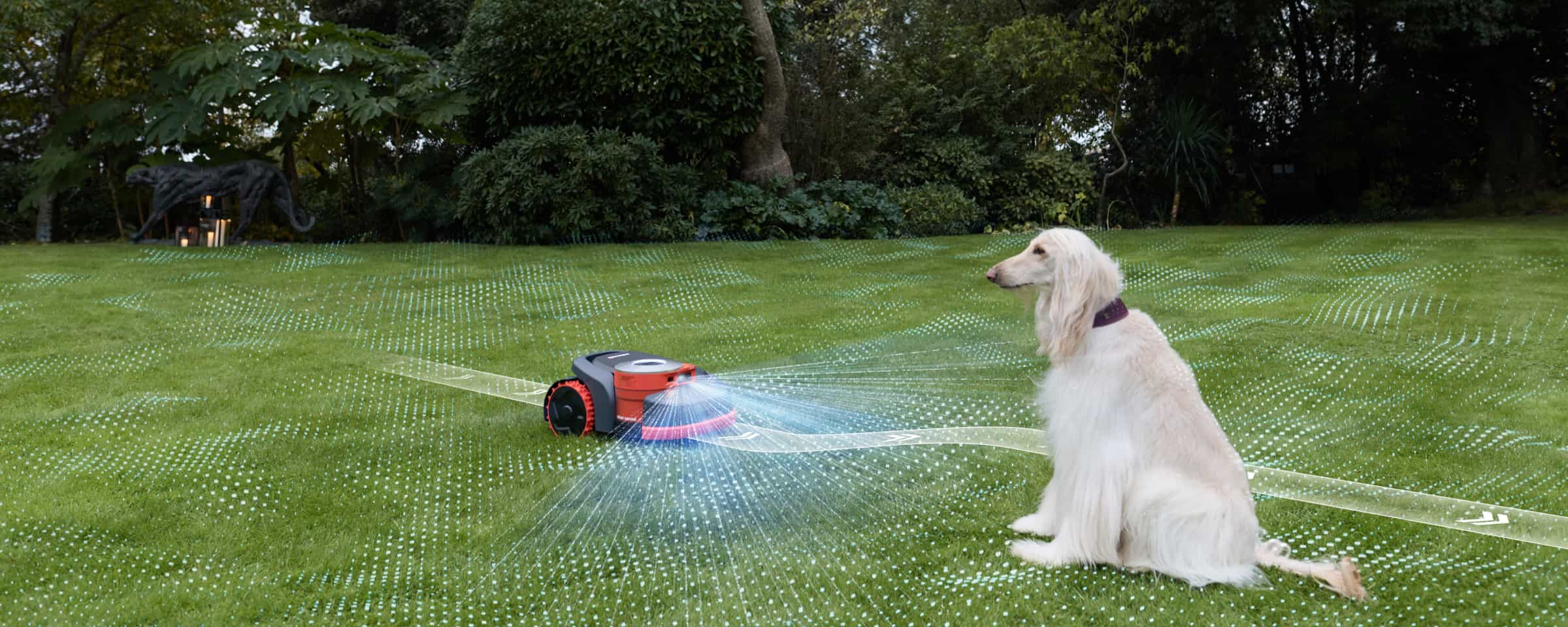 Navimow i110E robot lawn mower scanning grass near sitting dog.