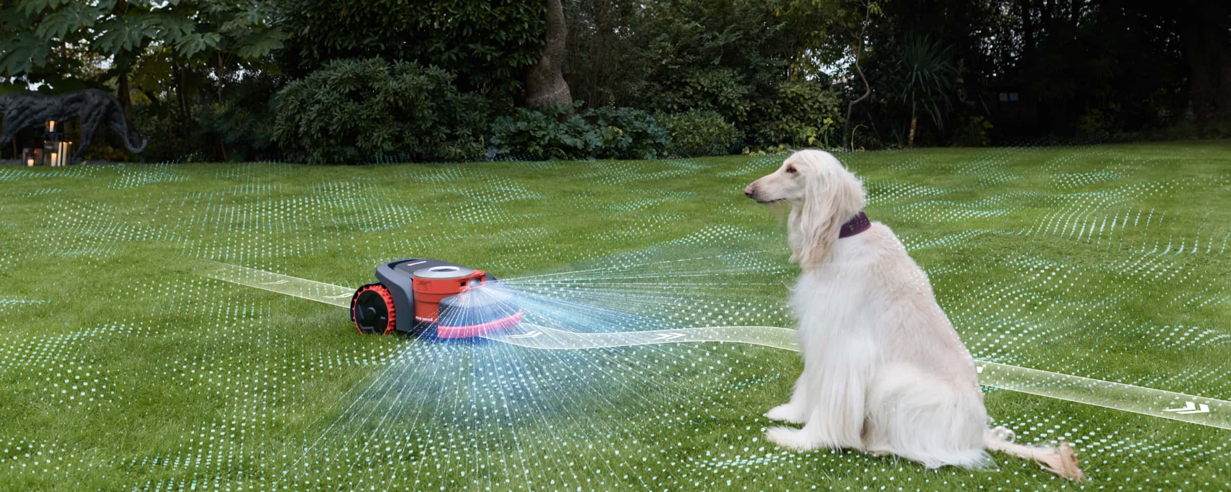 Navimow i110E robot lawn mower works on grass with dog.
