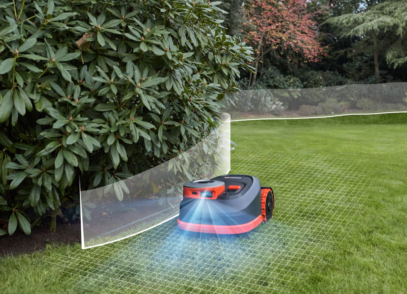 Navimow i110E robot lawn mower mows the lush green grass.