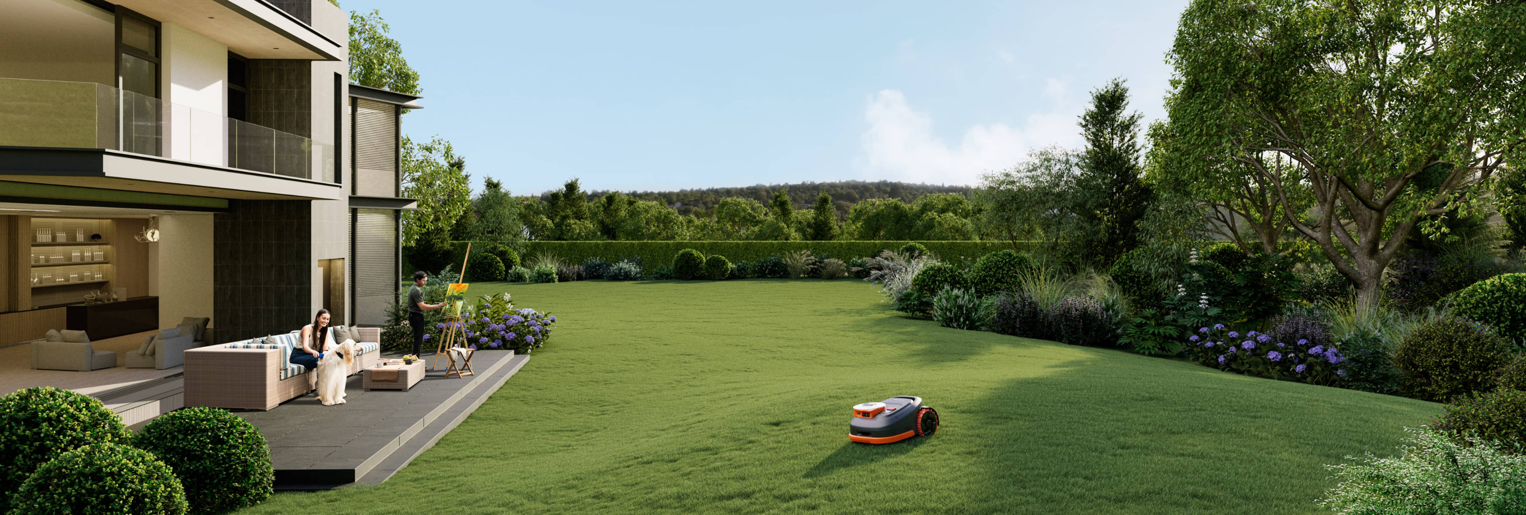 Navimow i110E robot lawn mower mows while the artist paints.