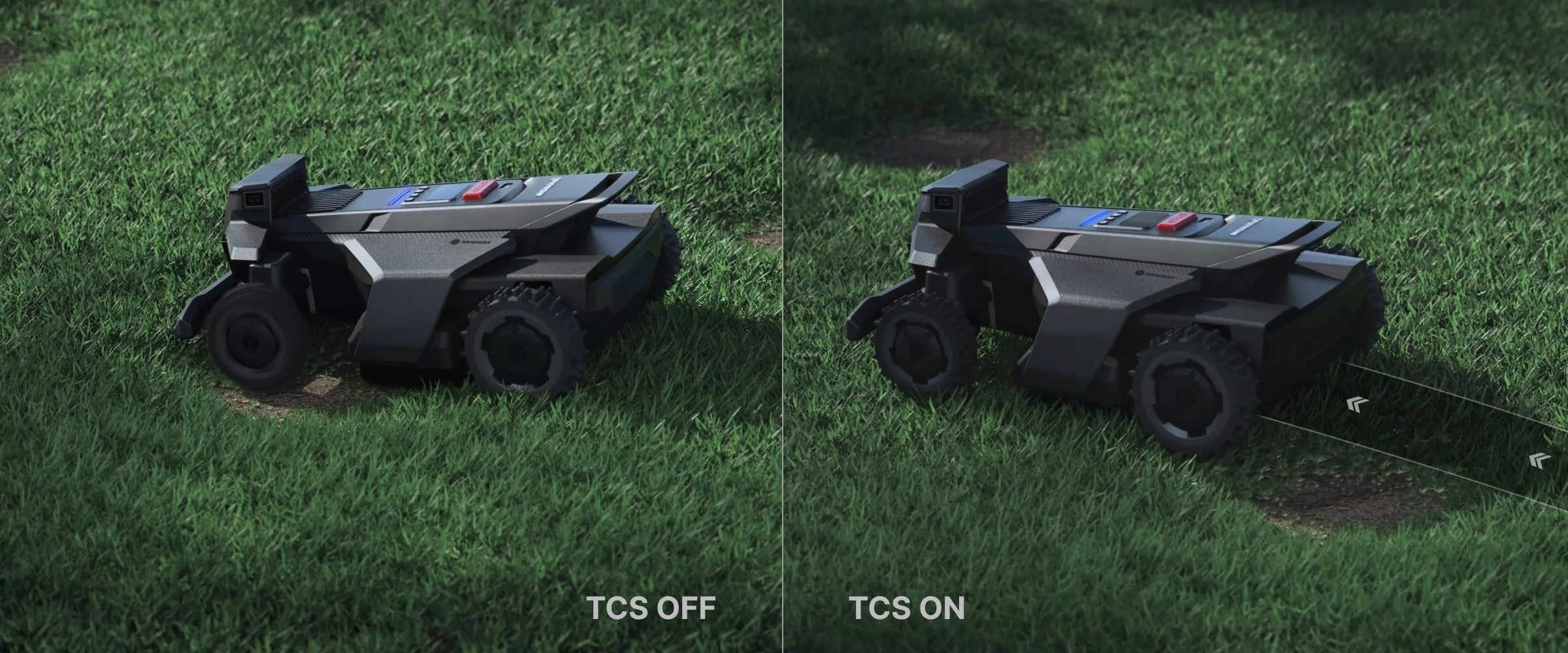<p>Patented Traction Control System (TCS) dynamically adjusts torque on low-traction ground to prevent skidding.</p>