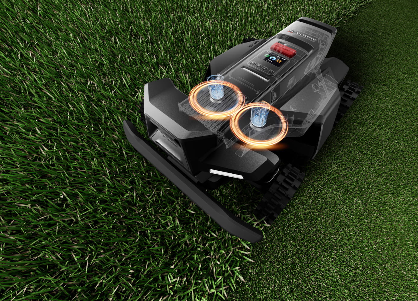 Navimow i110E robot lawn mower mowing the lush green grass.