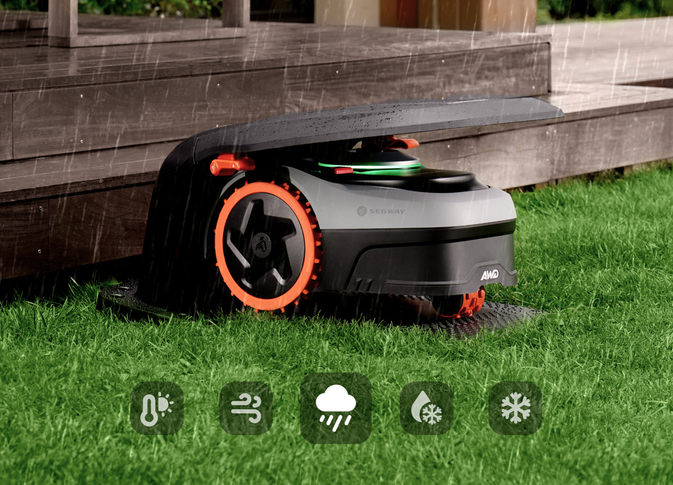 Segway Navimow robot lawn mower sits sheltered in the rain.