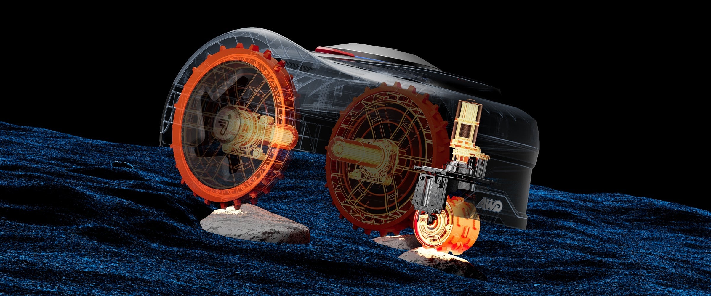 Navimow i110N robot lawn mower on a blue lunar landscape.