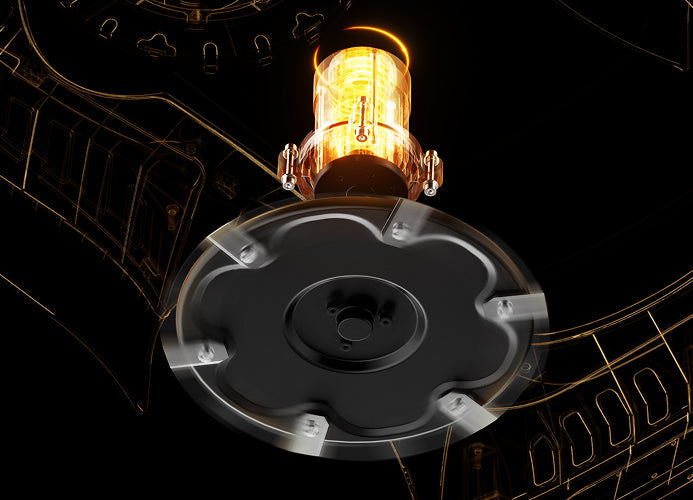 Navimow i Series robot lawn mower features a glowing beacon.