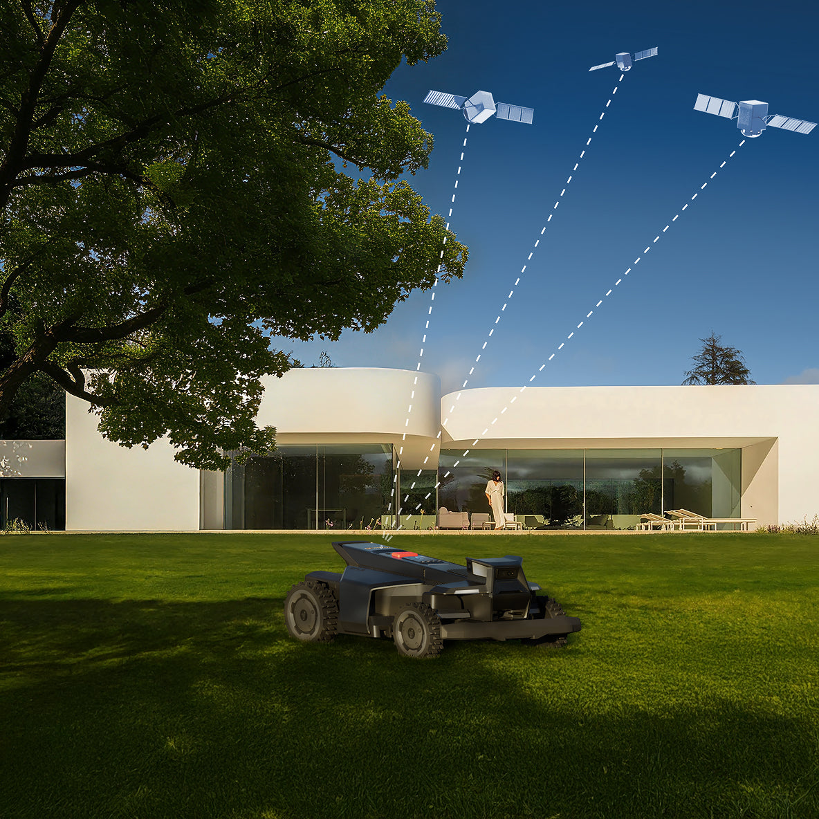 Navimow i110E robot lawn mower is on a green lawn.