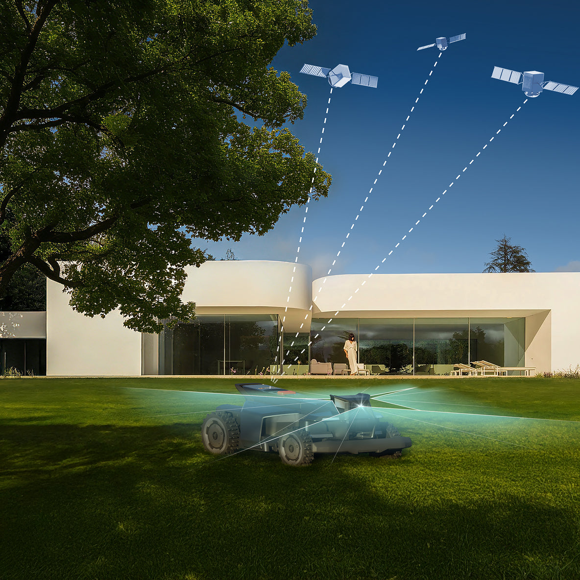 Navimow i110E robot lawn mower cuts grass using three satellites.