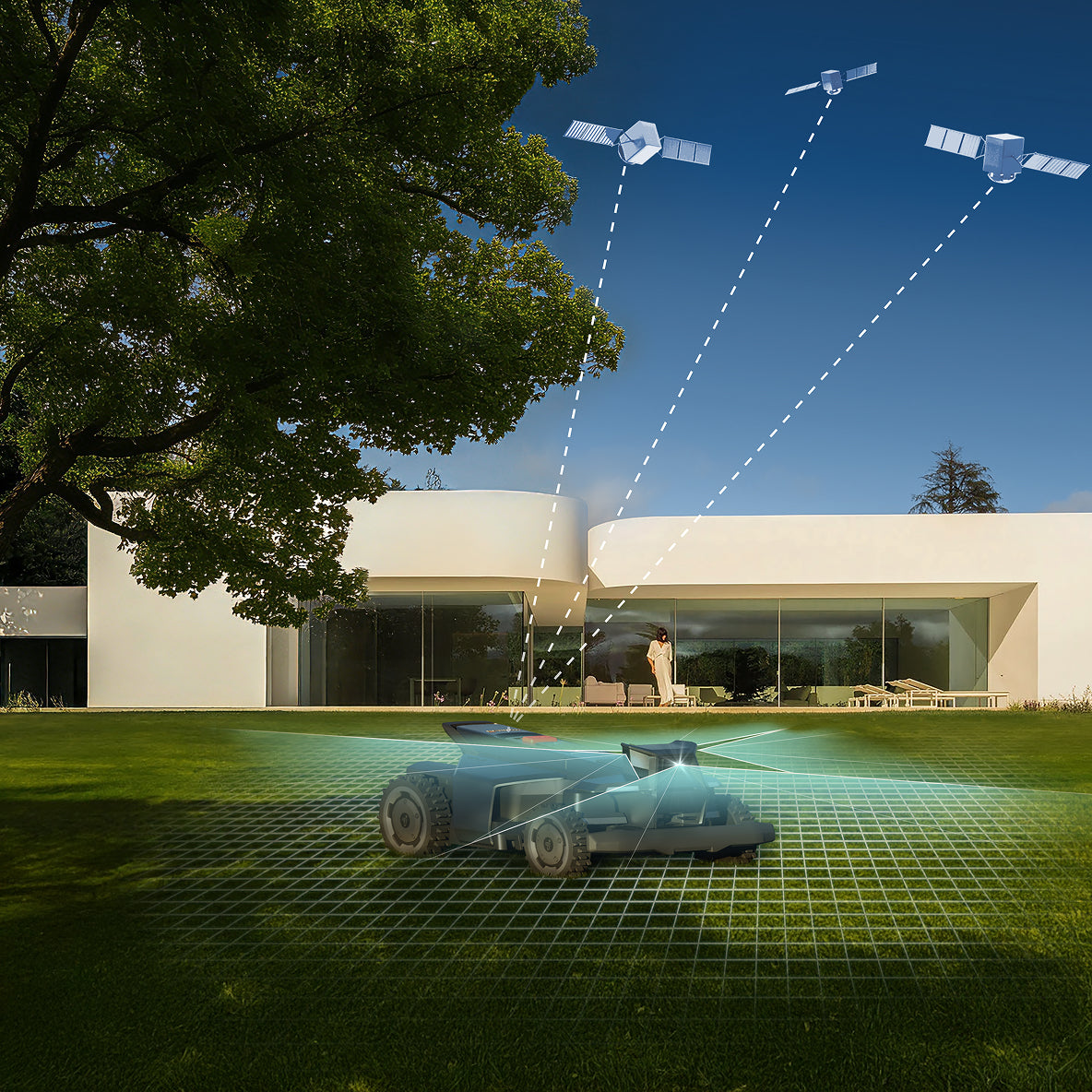 Navimow i110E robot lawn mower mows the large garden lawn.