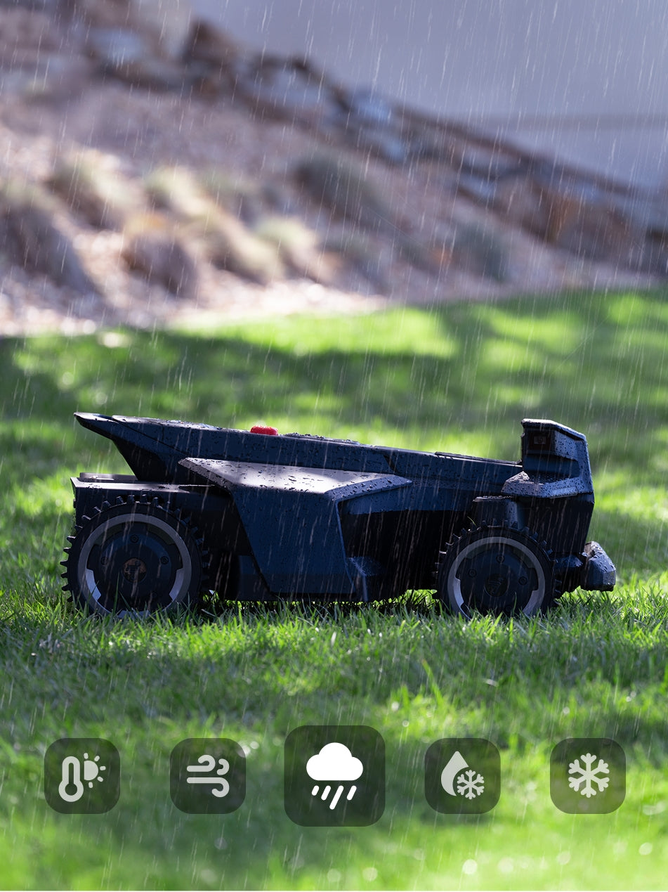 Navimow i110 robot lawn mower is operating in the rain.