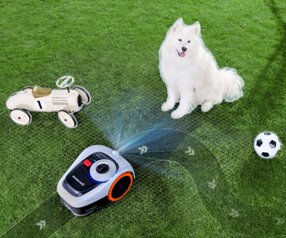 Navimow i110N robot lawn mower avoids dog car and ball.