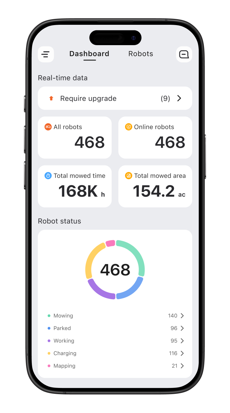 Segway Navimow i105E robot lawn mower dashboard on mobile phone.