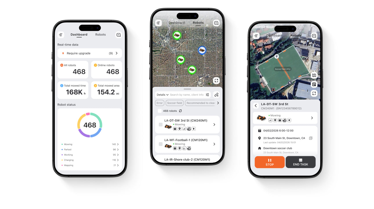 Navimow CM240M1 robot lawn mower app interface on three phones.