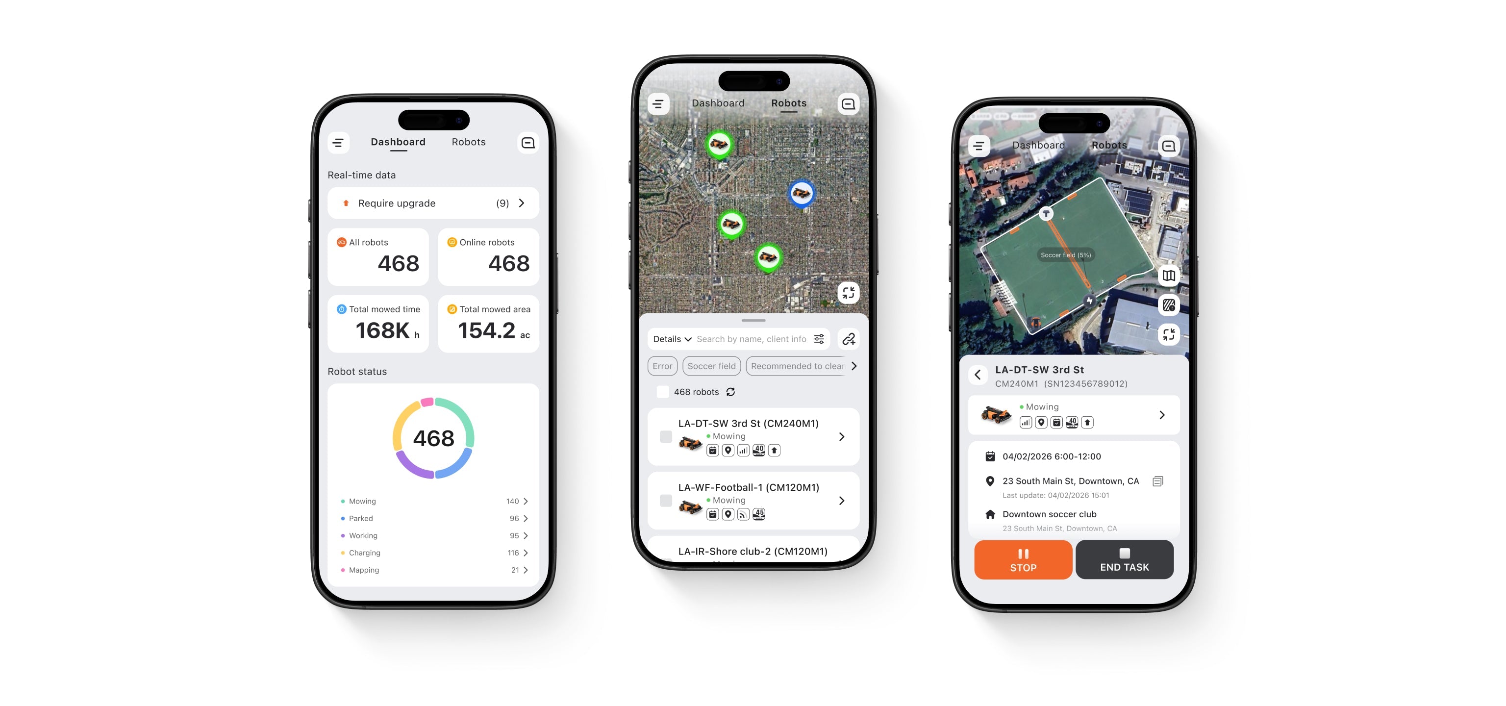 Navimow CM240M1 robot lawn mower app showing status and locations.