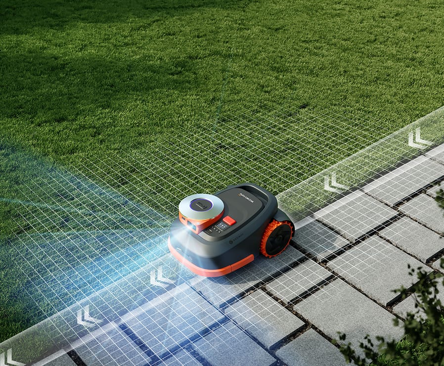 Navimow i105E robot lawn mower mows grass along a grid.