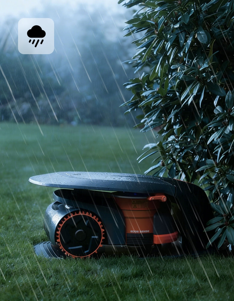 Navimow i105E robot lawn mower parked under its rain shelter.
