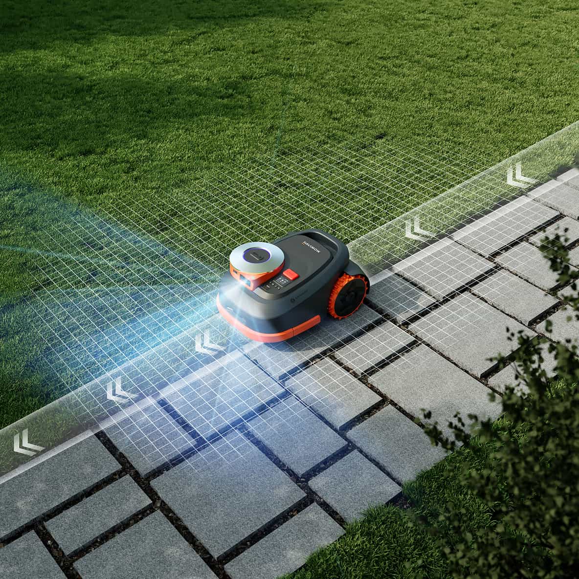 Navimow i Series robot lawn mower crossing a stone walkway.