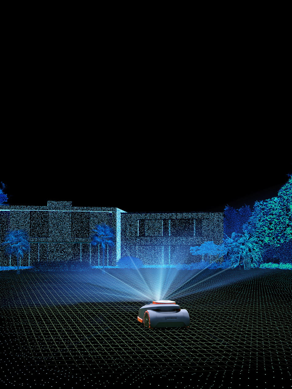 Navimow i110N robot lawn mower scanning the lawn at night.
