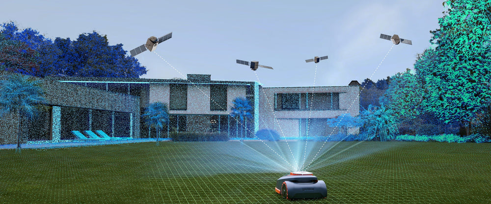 Navimow i110E robot lawn mower mows lawn under four satellites.