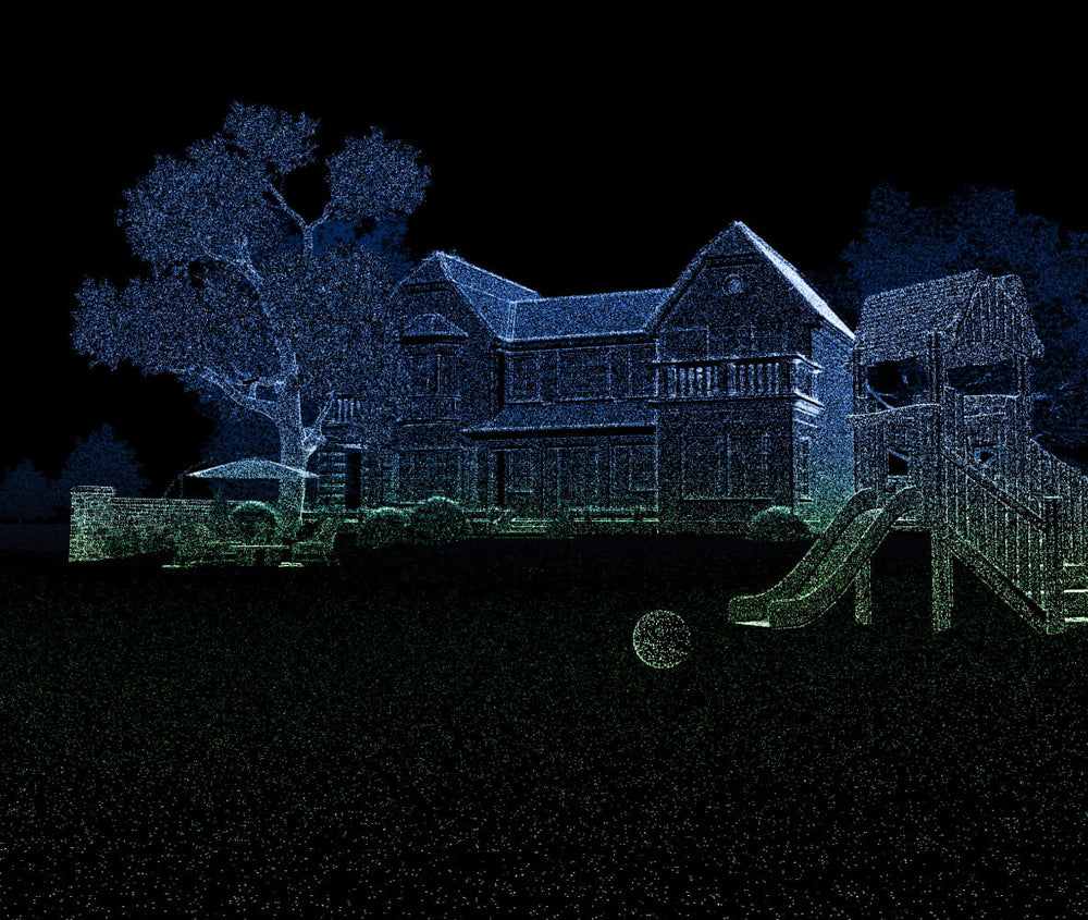 Segway Navimow i110N robot lawn mower scans a dark yard.