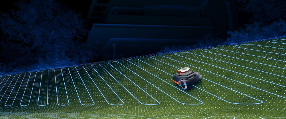 Navimow i110N robot lawn mower mows the lawn at night.