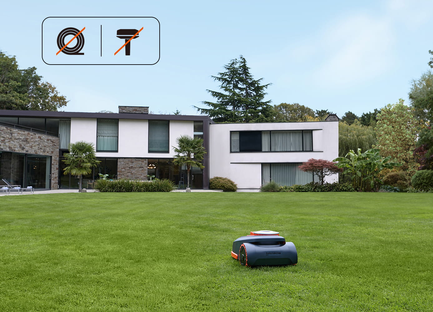 Navimow i110E robot lawn mower mows the large green lawn.