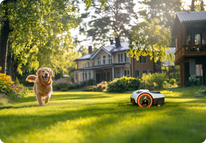 Navimow i110N robot lawn mower in the sunny green garden.