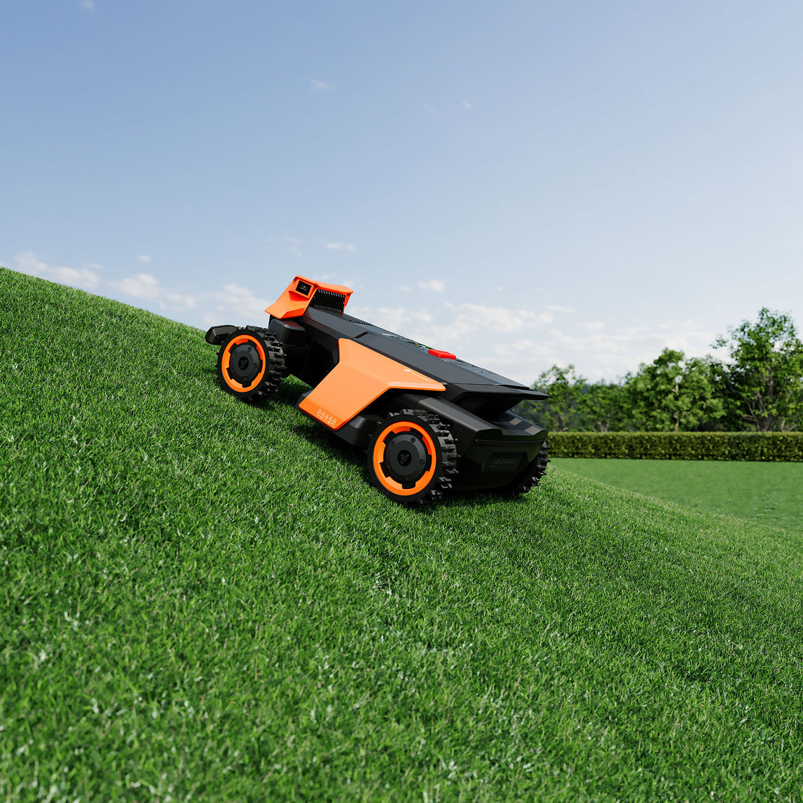 Navimow i110E robot lawn mower climbing up a steep hill.