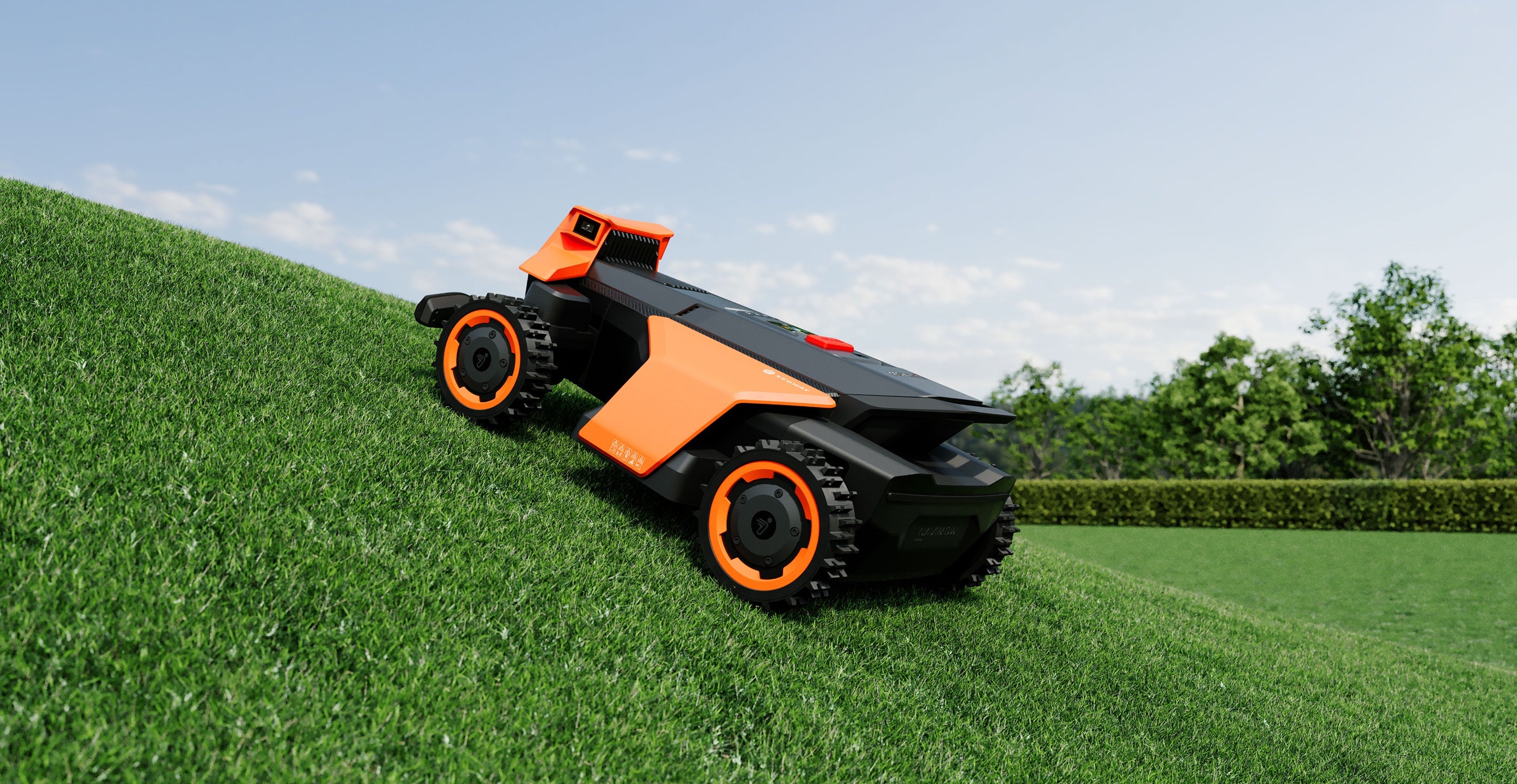 Segway Navimow i110N robot lawn mower mows a grassy hill.
