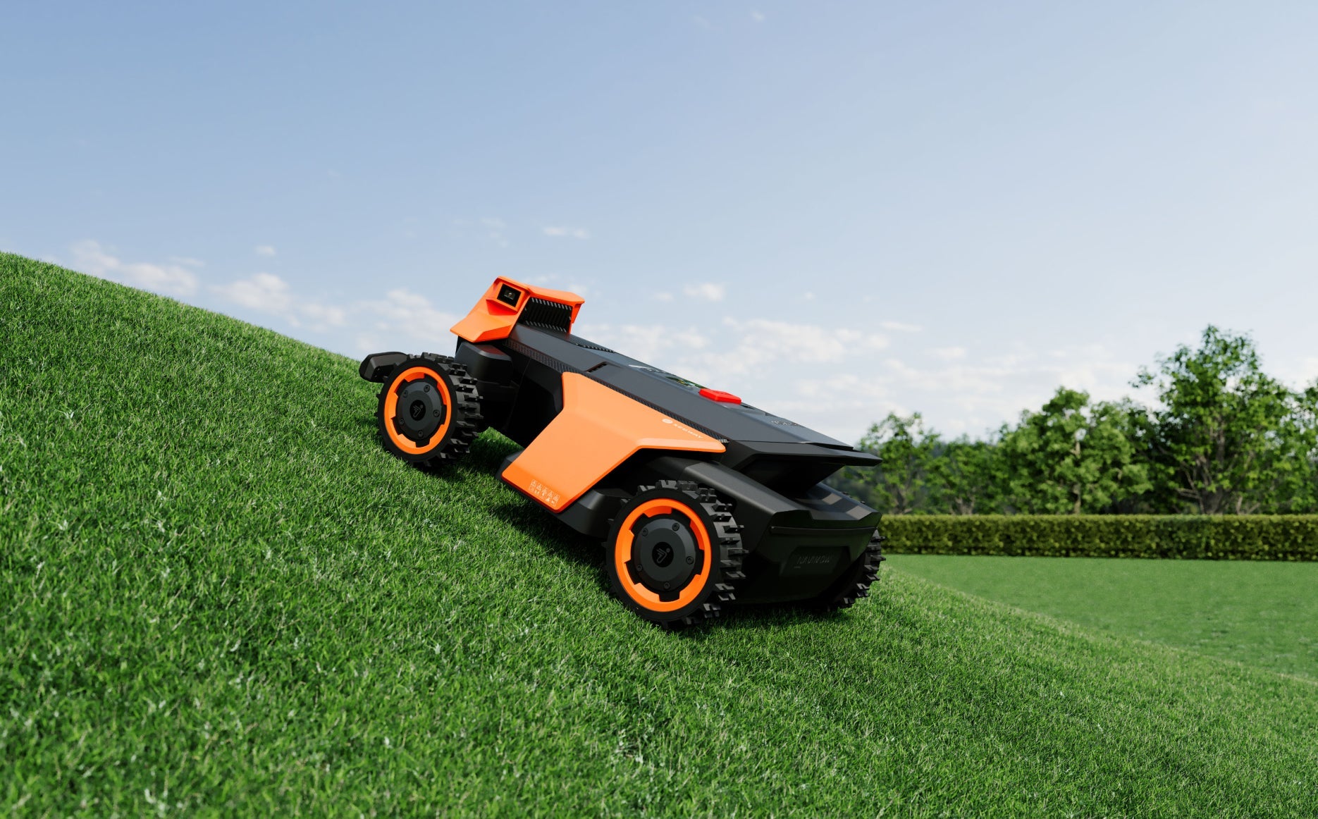 Segway Navimow i110E robot lawn mower climbs a grassy hill.