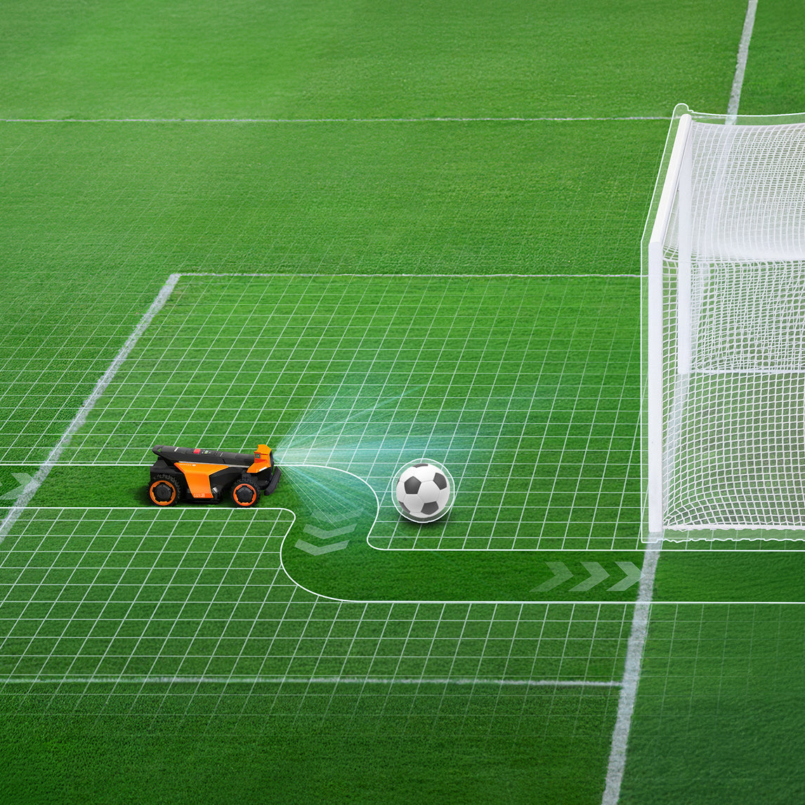 Navimow i110N robot lawn mower mows around a soccer ball.