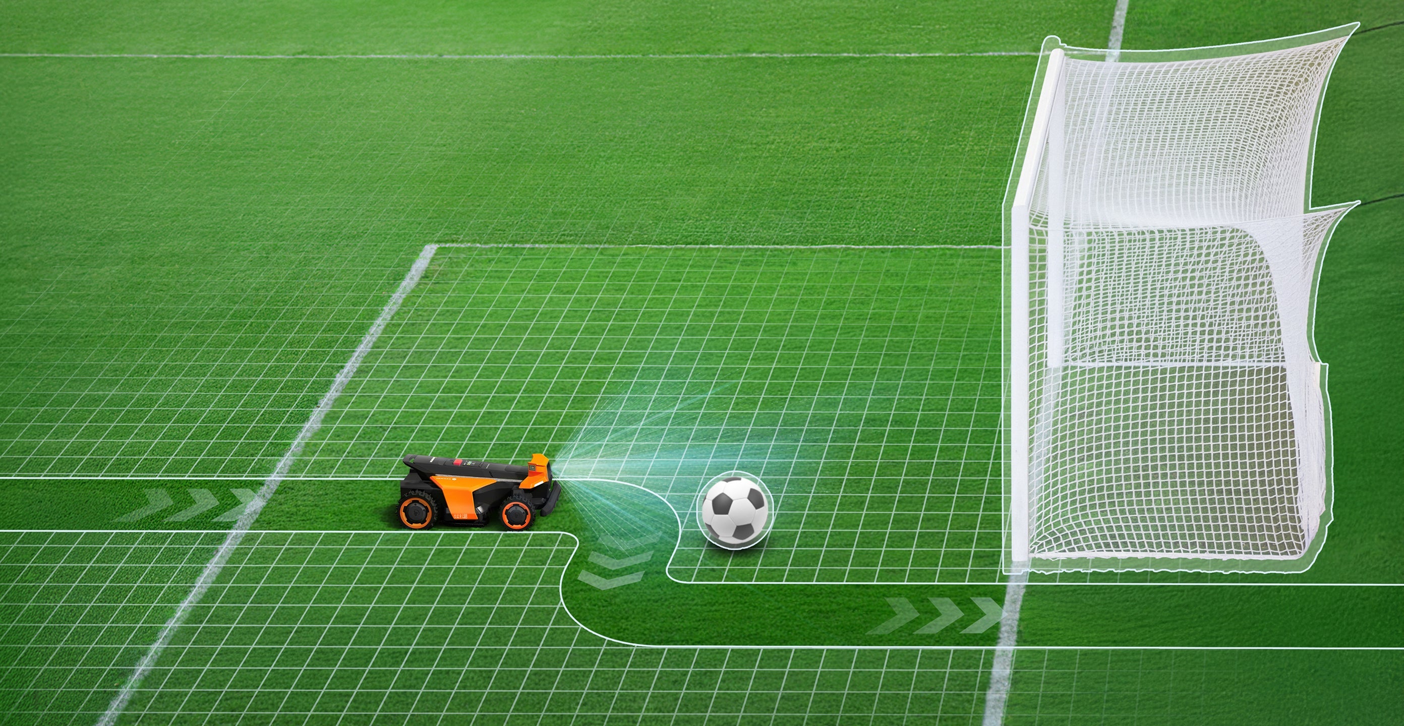 Navimow i110E robot lawn mower avoids ball on soccer field.