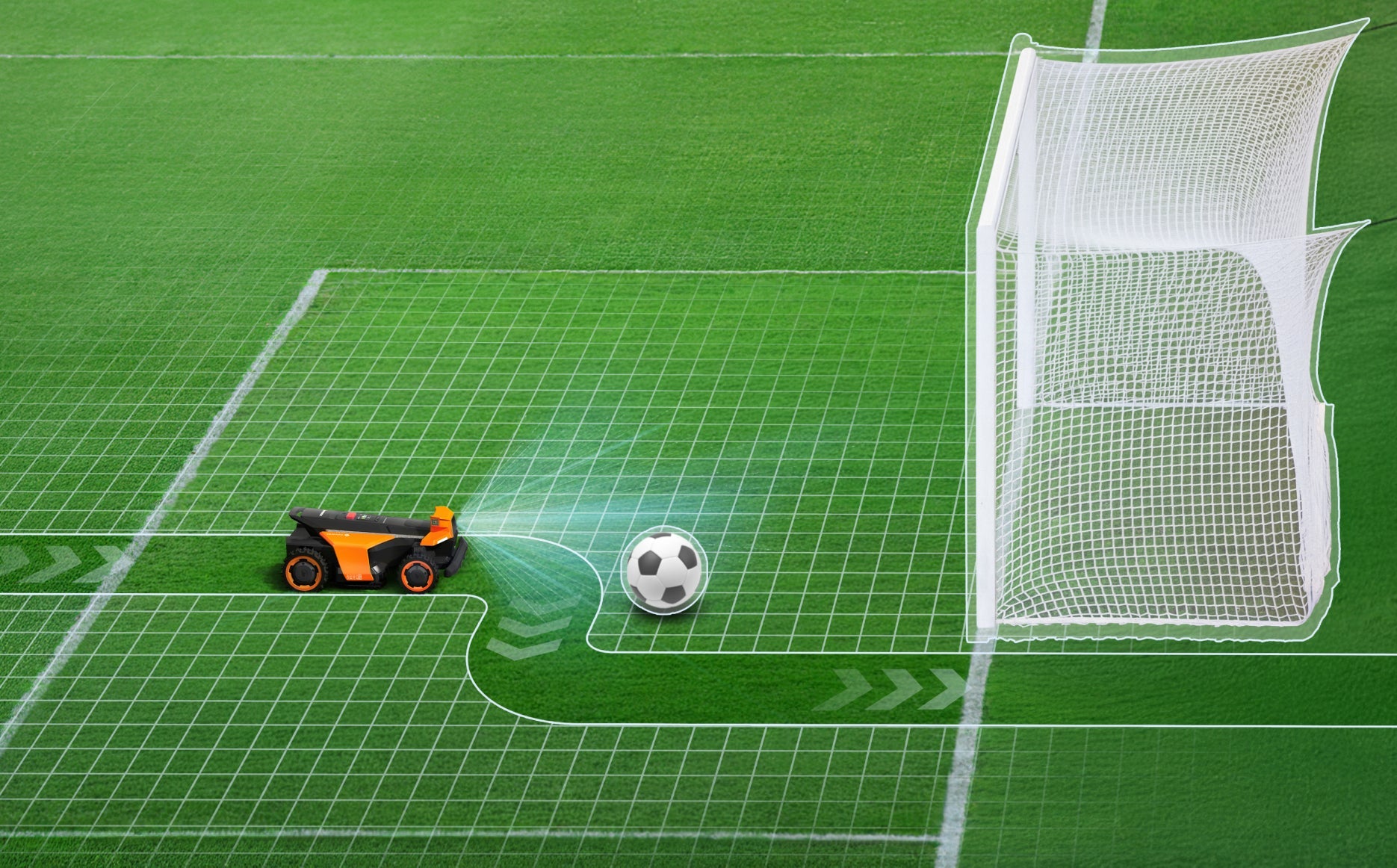 Navimow i110N robot lawn mower avoids soccer ball near goal.