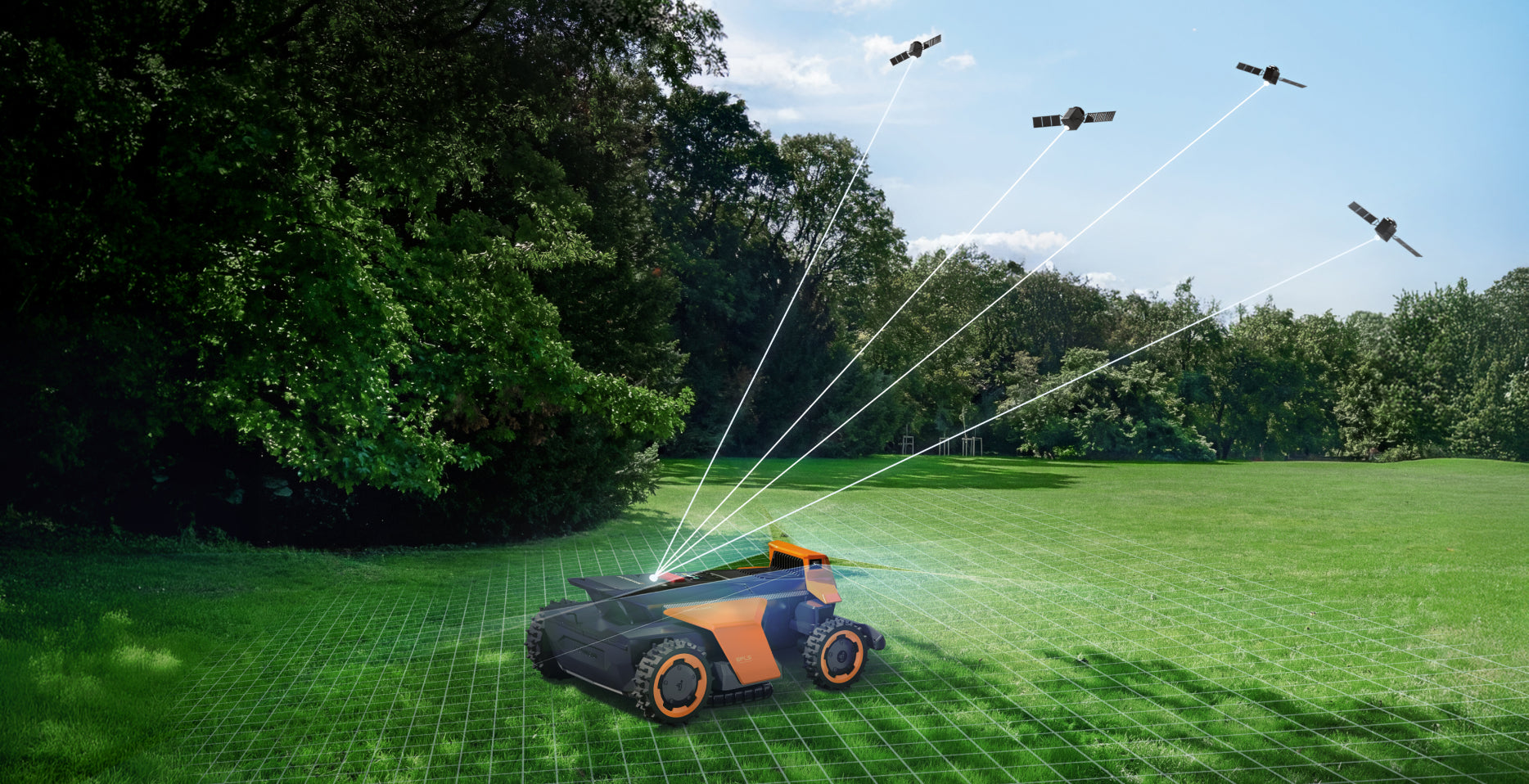 Navimow i110E robot lawn mower mows the large green lawn.
