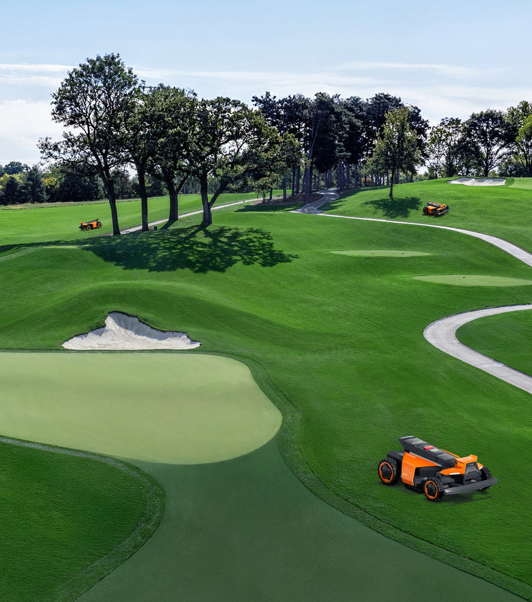 Navimow i110N robot lawn mower mows grass on golf course.