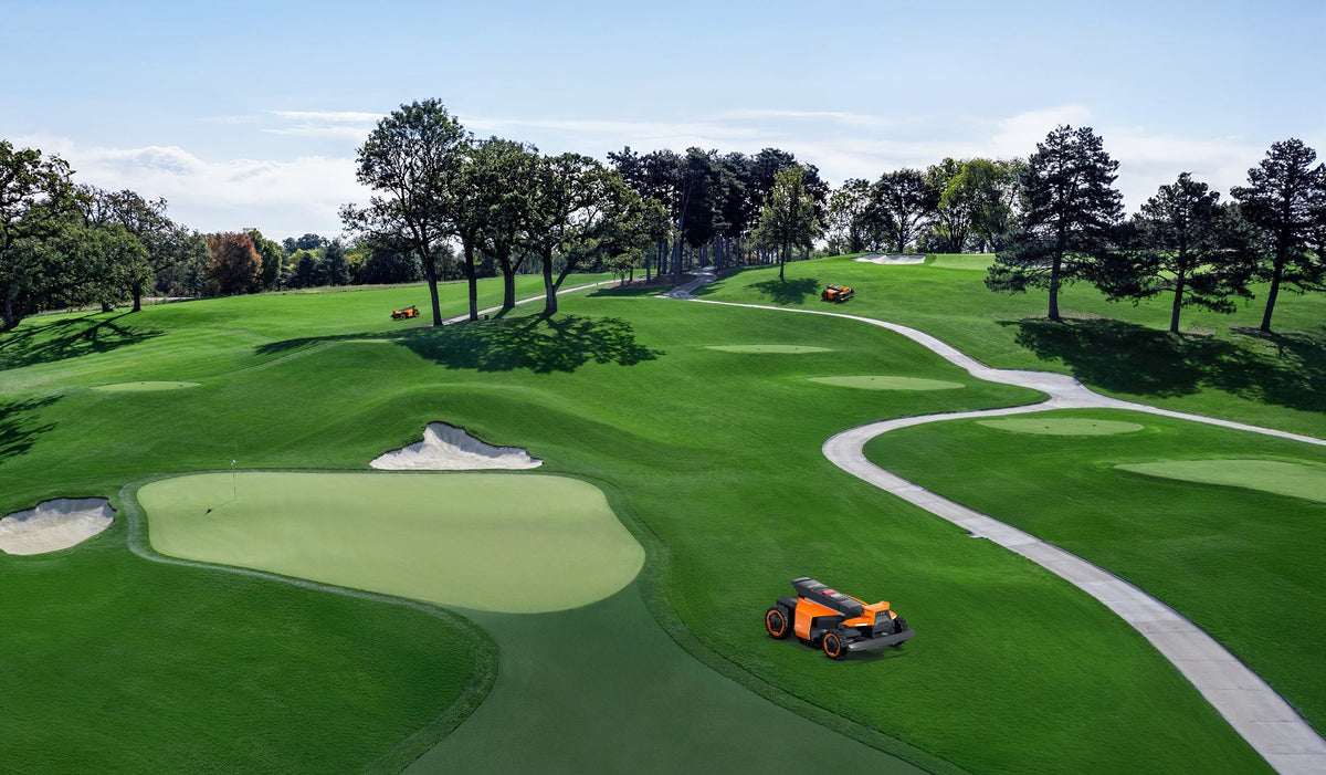 Navimow i110N robot lawn mower on a green golf course.