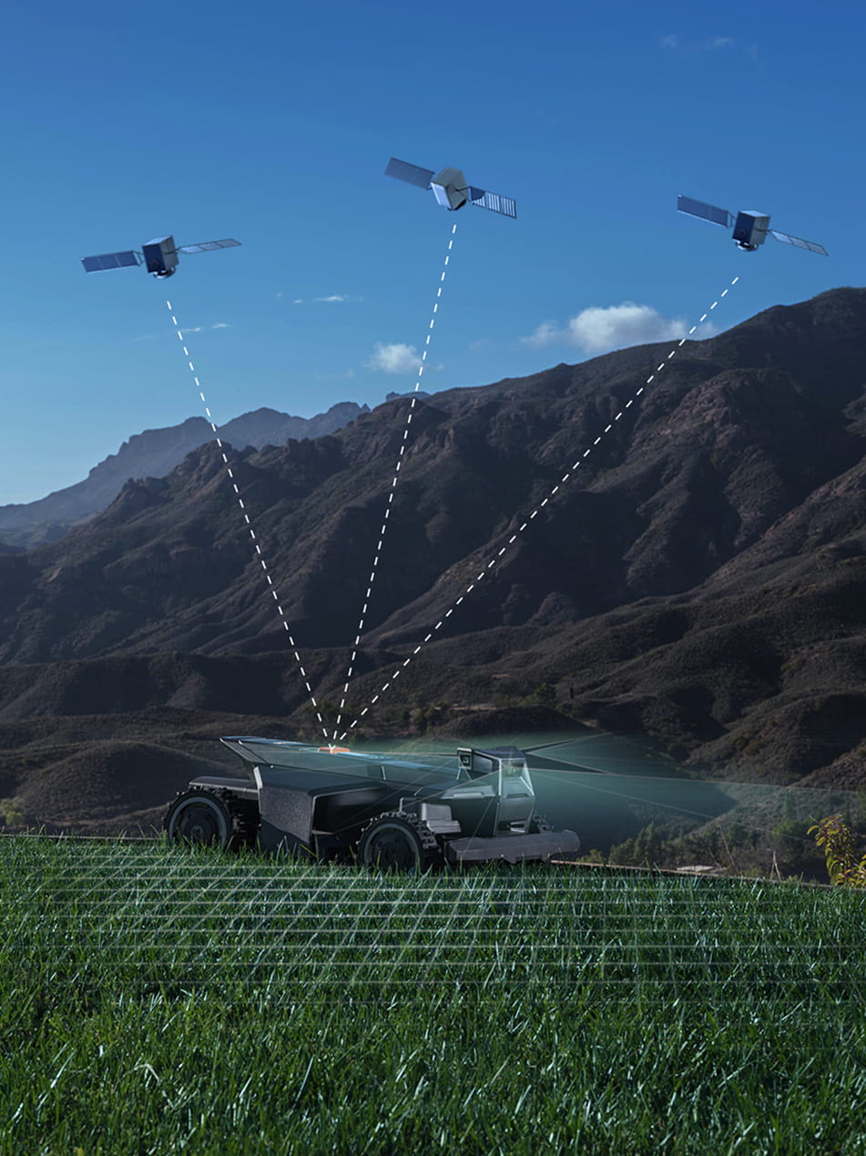 Navimow i110N robot lawn mower mows grass with three satellites.