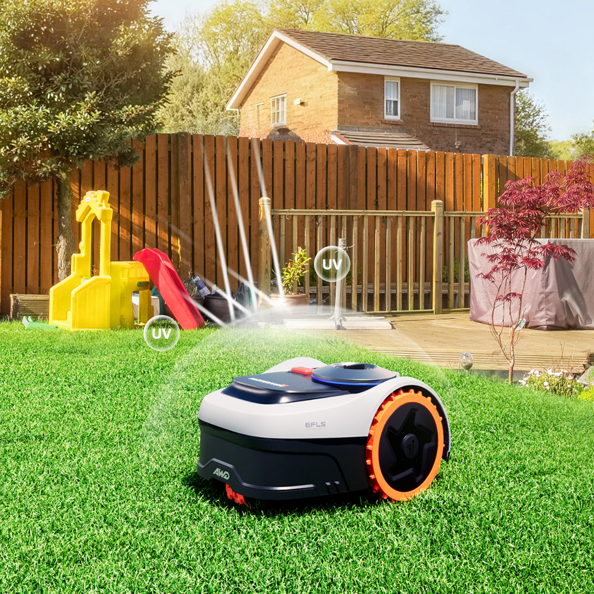 Navimow i110N robot lawn mower mows the green garden grass.