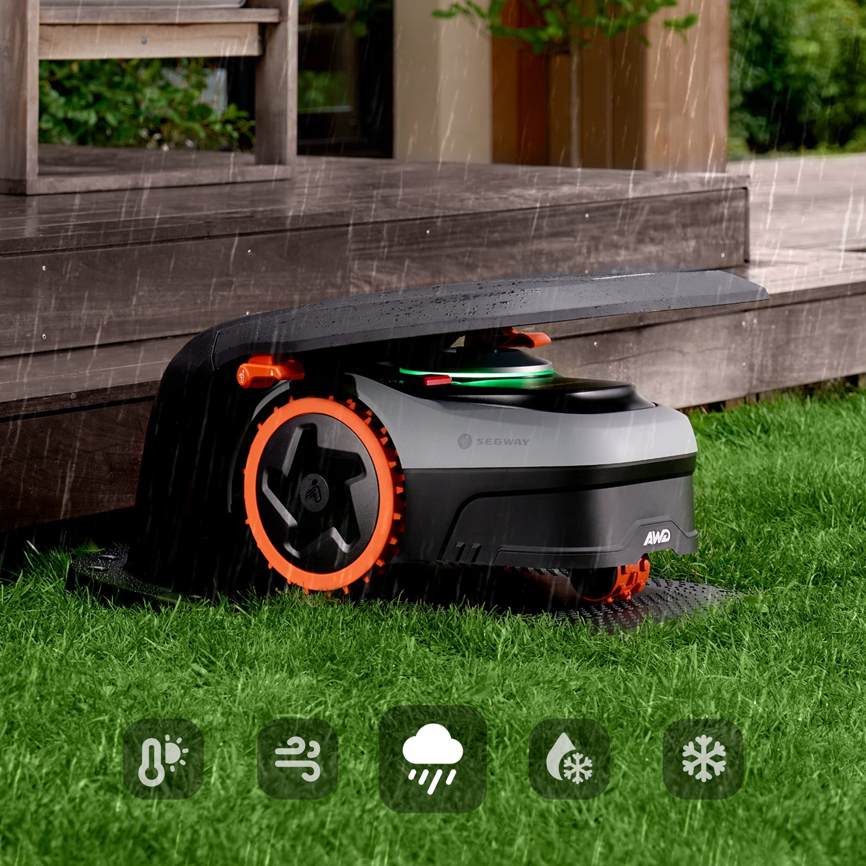 Segway Navimow i110N robot lawn mower parked in the rain.