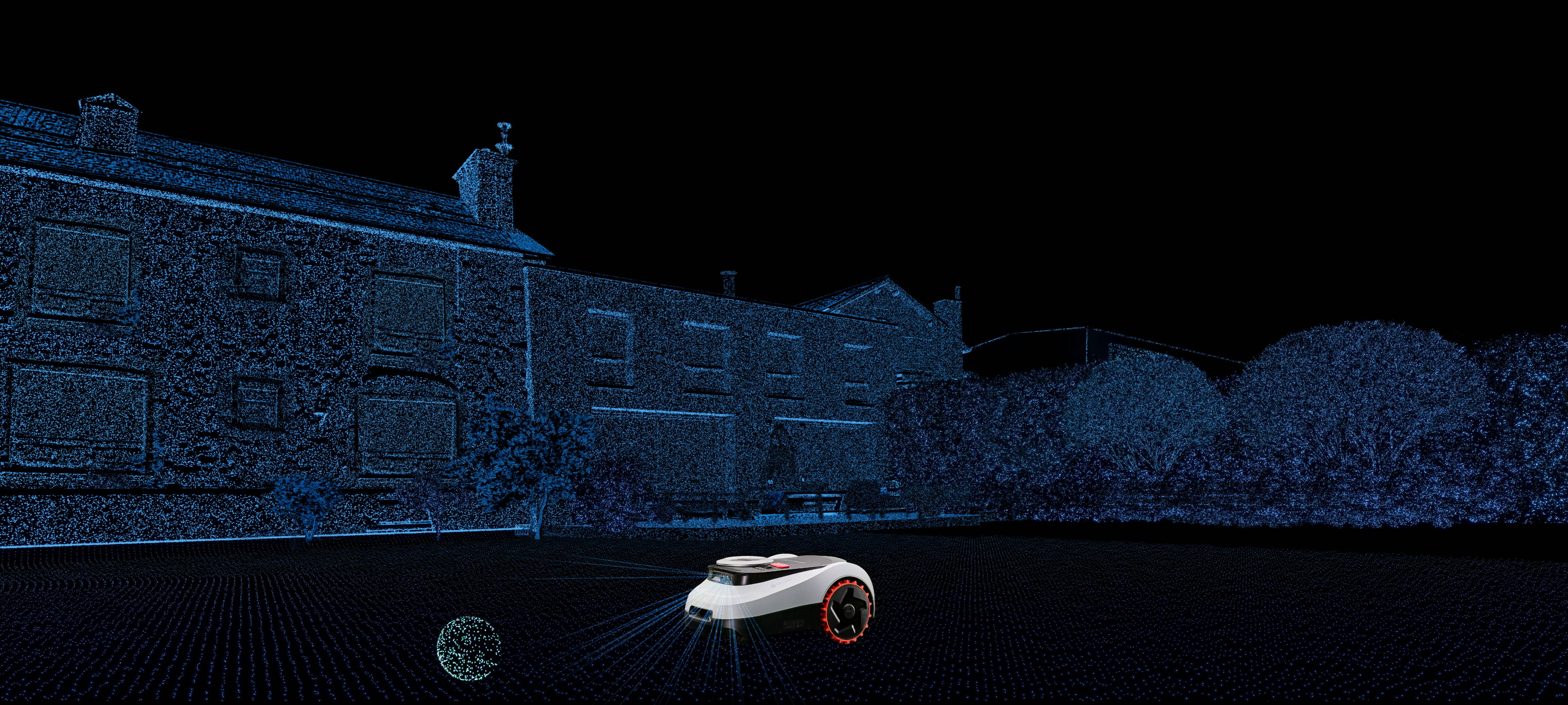 Segway Navimow i110N robot lawn mower scanning a large backyard.