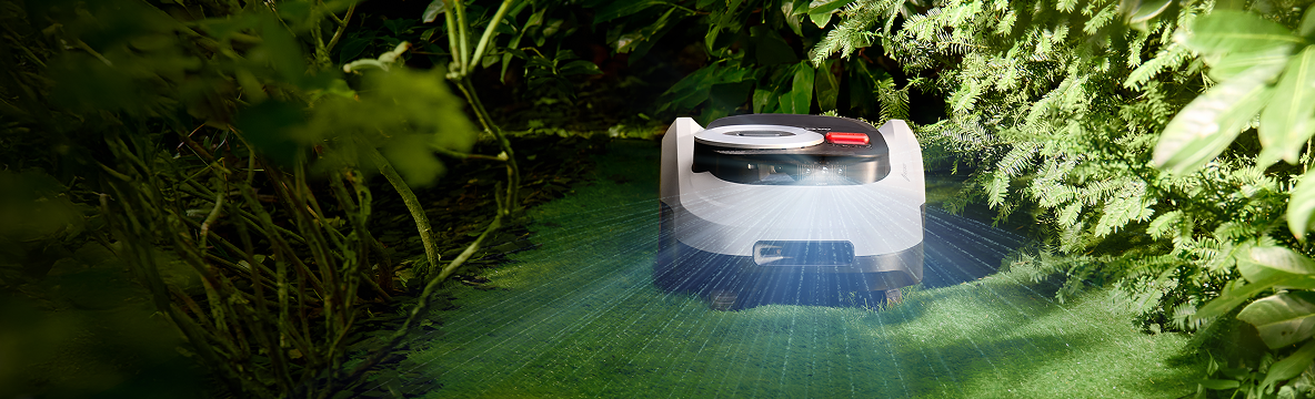 Navimow i Series robot lawn mower is in a garden.