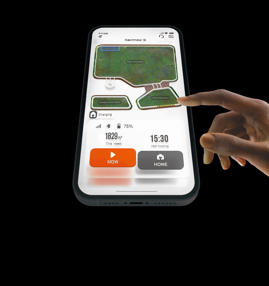Hand using the Navimow i2 robot lawn mower mobile app.