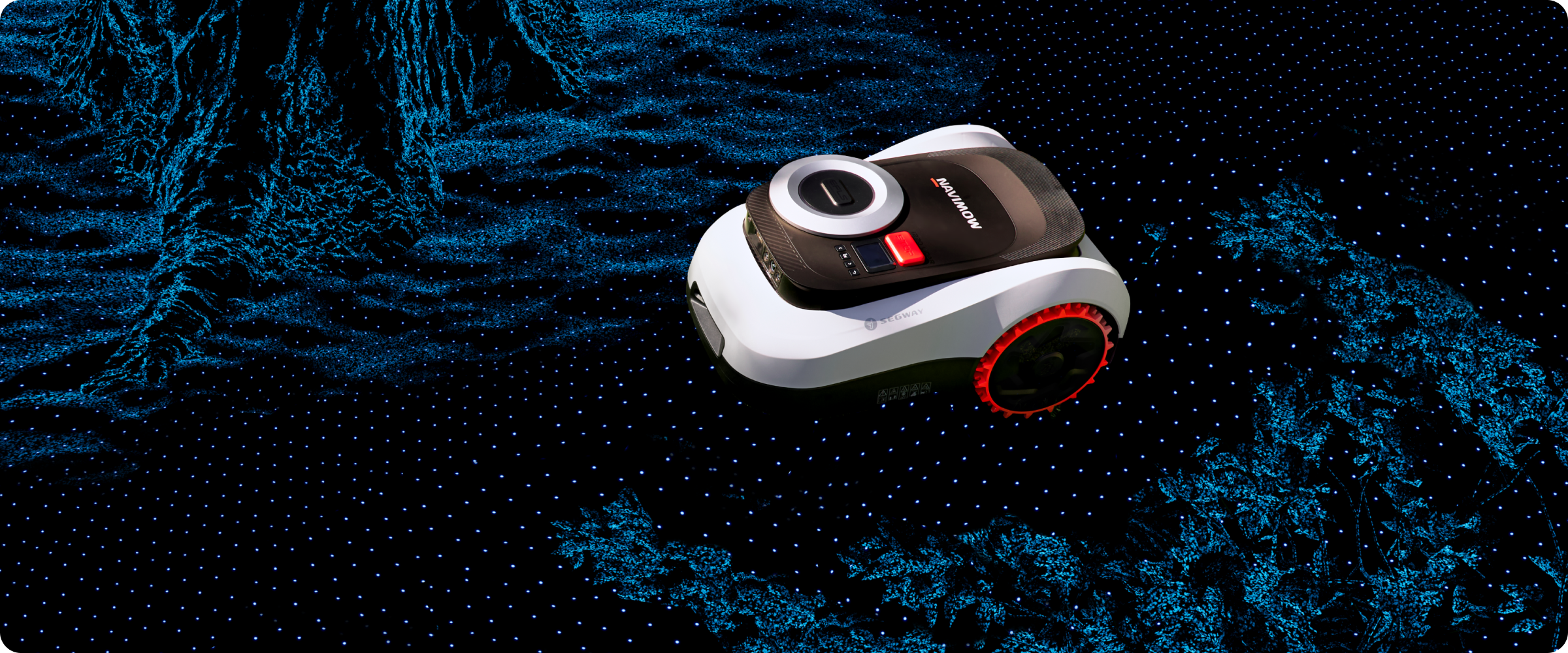 Segway Navimow i110N robot lawn mower on a blue lawn.