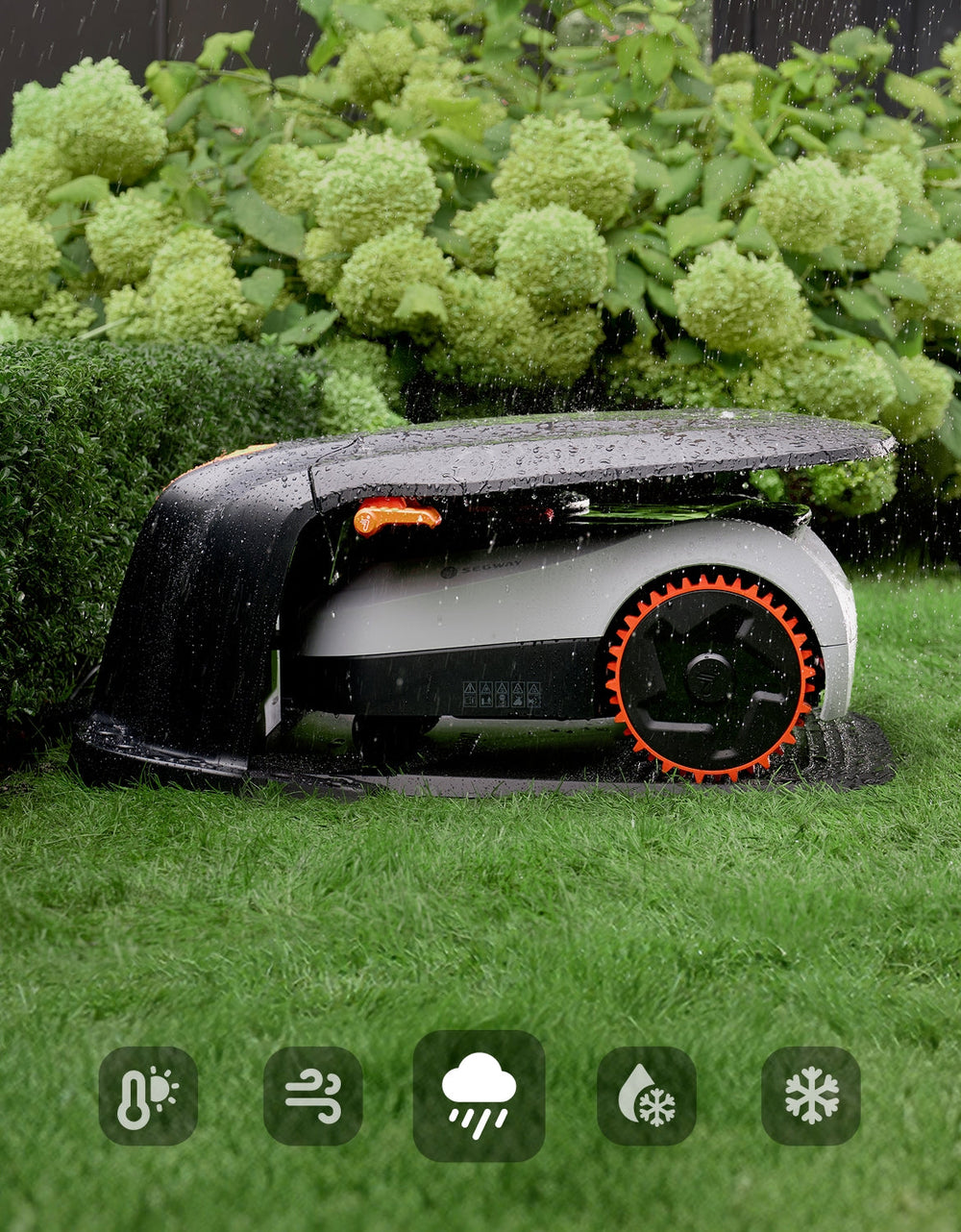 Segway Navimow robot lawn mower protected from rain in garage.