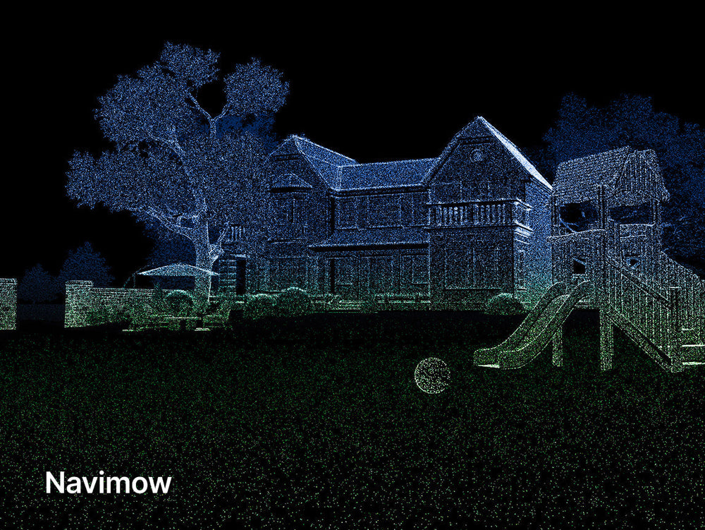 Navimow i Series robot lawn mower scanning house and playground.