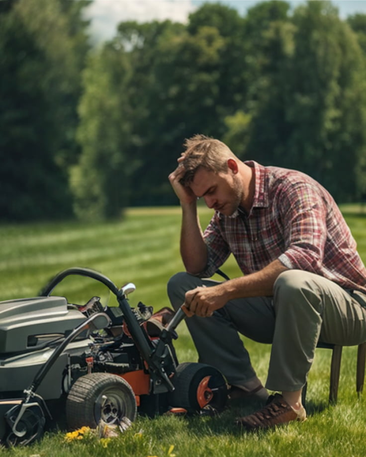 A man sadly repairs Segway Navimow i110N robot lawn mower.