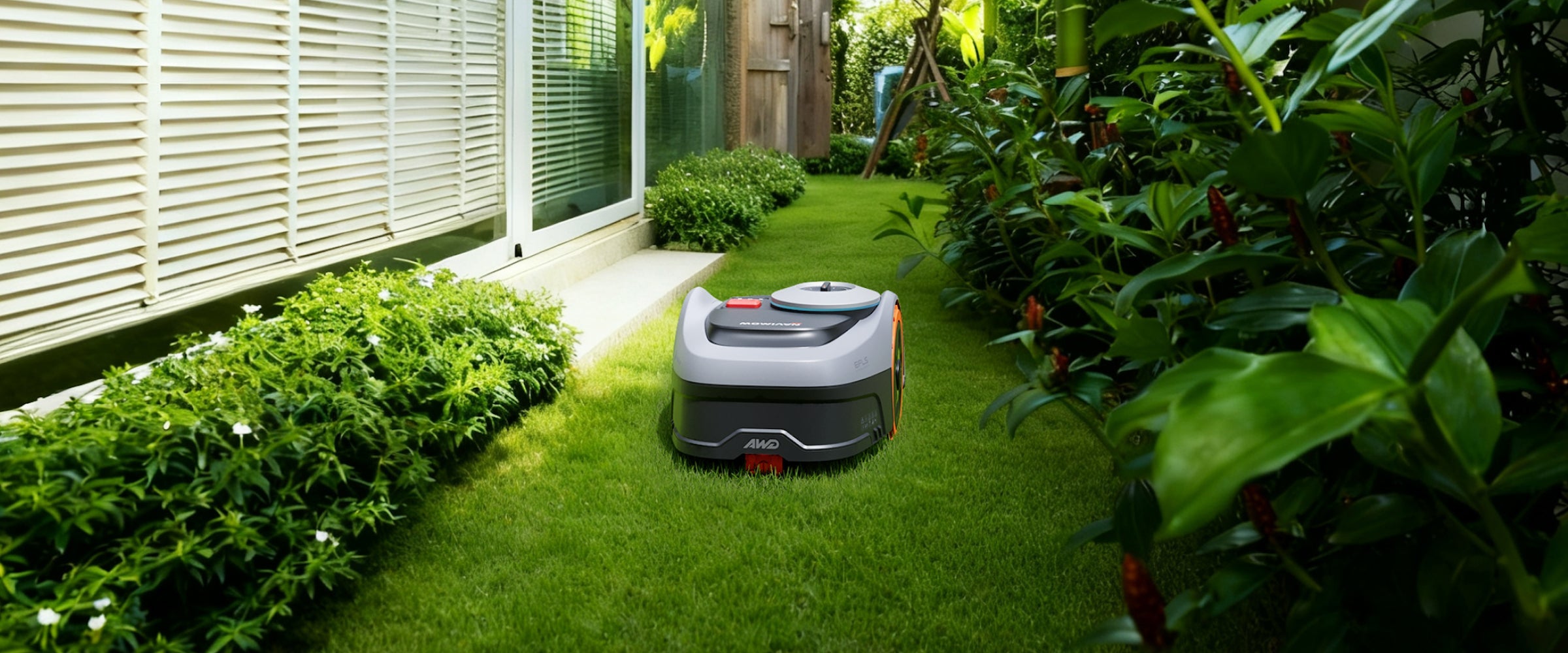 Navimow i110N robot lawn mower mows the lush green lawn.