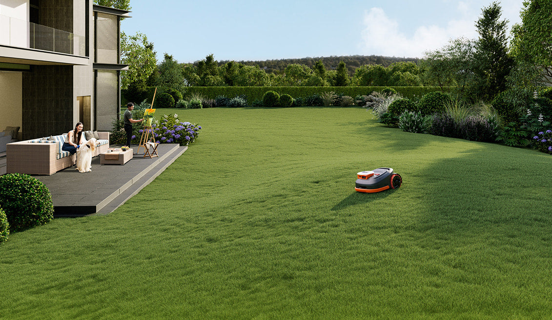 Navimow i110N robot lawn mower mows the large green lawn.